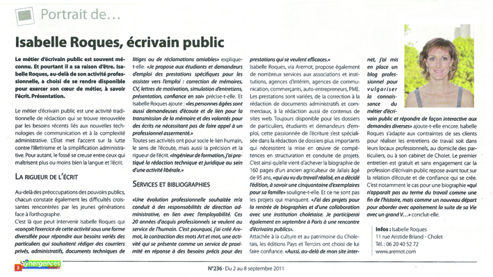 Synergences hebdo du 02 septembre 2011, cliquez sur ce lien