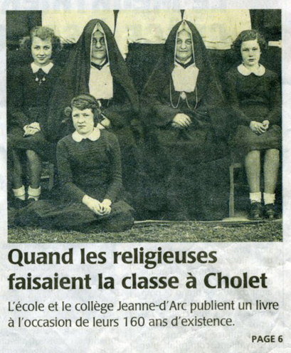 A la Une du Courrier de l'Ouest du 30 novembre : Quand les religieuses faisaient la classe à Cholet.