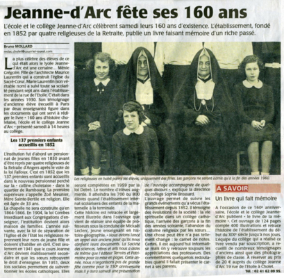 Le 30 novembre 2012 dans le Courrier de l'Ouest « Jeanne d'Arc fête ses 160 ans »