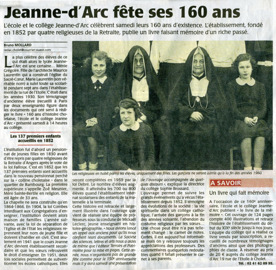Le 30 novembre 2012 dans le Courrier de l'Ouest « Jeanne d'Arc fête ses 160 ans »