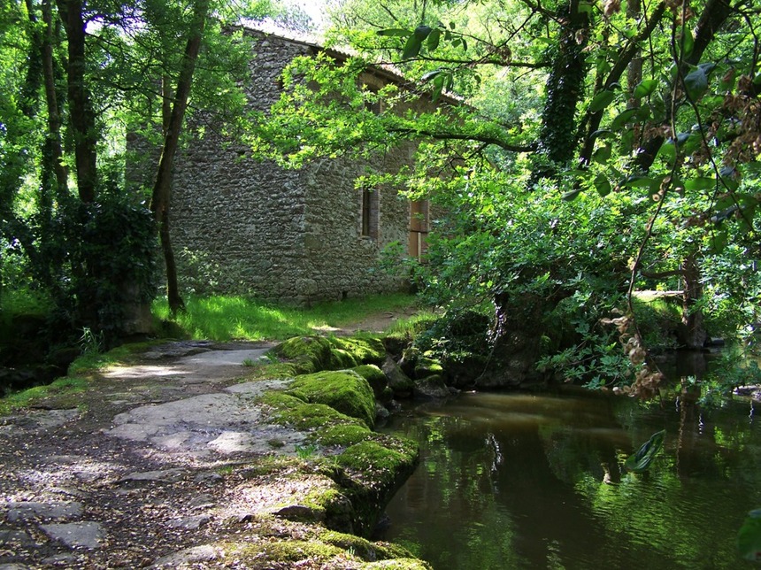 Une chaussée de pierre conduit au Moulin en traversant la Sèvre nantaise