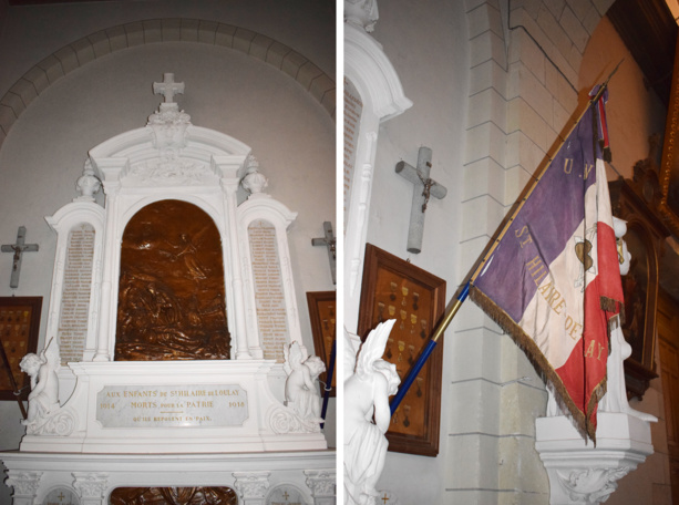 Le monument aux morts de Saint-Hilaire-de-Loulay, avec ses drapeaux et médailles