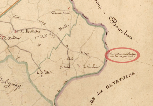 Détail du tableau d'assemblage du cadastre d'Aizenay, 1836 (A.D. 85, 3P_003_AC_001). La Gourlière est la déformation de la Guerlerie, métairie voisine (ou Grêlerie). Détail du tableau d'assemblage du cadastre d'Aizenay, 1836 (A.D. 85, 3P_003_AC_001). La Gourlière est la déformation de la Guerlerie, métairie voisine (ou Grêlerie).