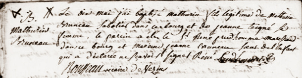 Acte de baptême de Mathurin Bruneau, A.D. 49, état civil de Vezins, 1765-1792, vue 416/607