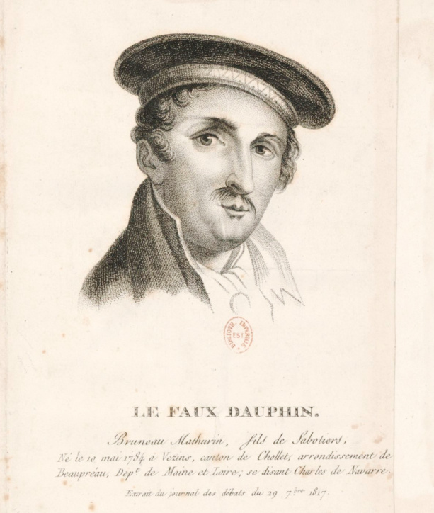 Portrait de Mathurin Bruneau , le faux Dauphin, gravure de Canu, 1818 (BnF)