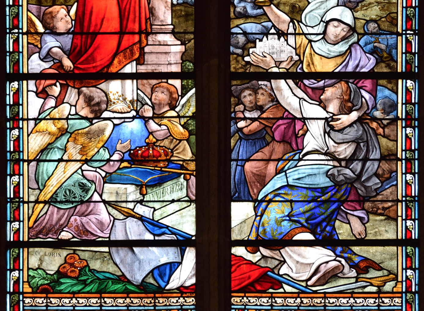 Allégorie de la France offrant la basilique de Montmartre au Sacré-Cœur (au second plan, deux femmes symbolisent l'Alsace et la Lorraine)