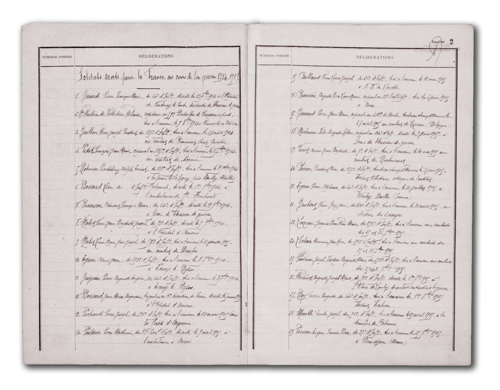 Premières pages du registre municipal de 1919-1923 avec la liste des morts de Saint-Hilaire-de-Loulay (A.D. 85)