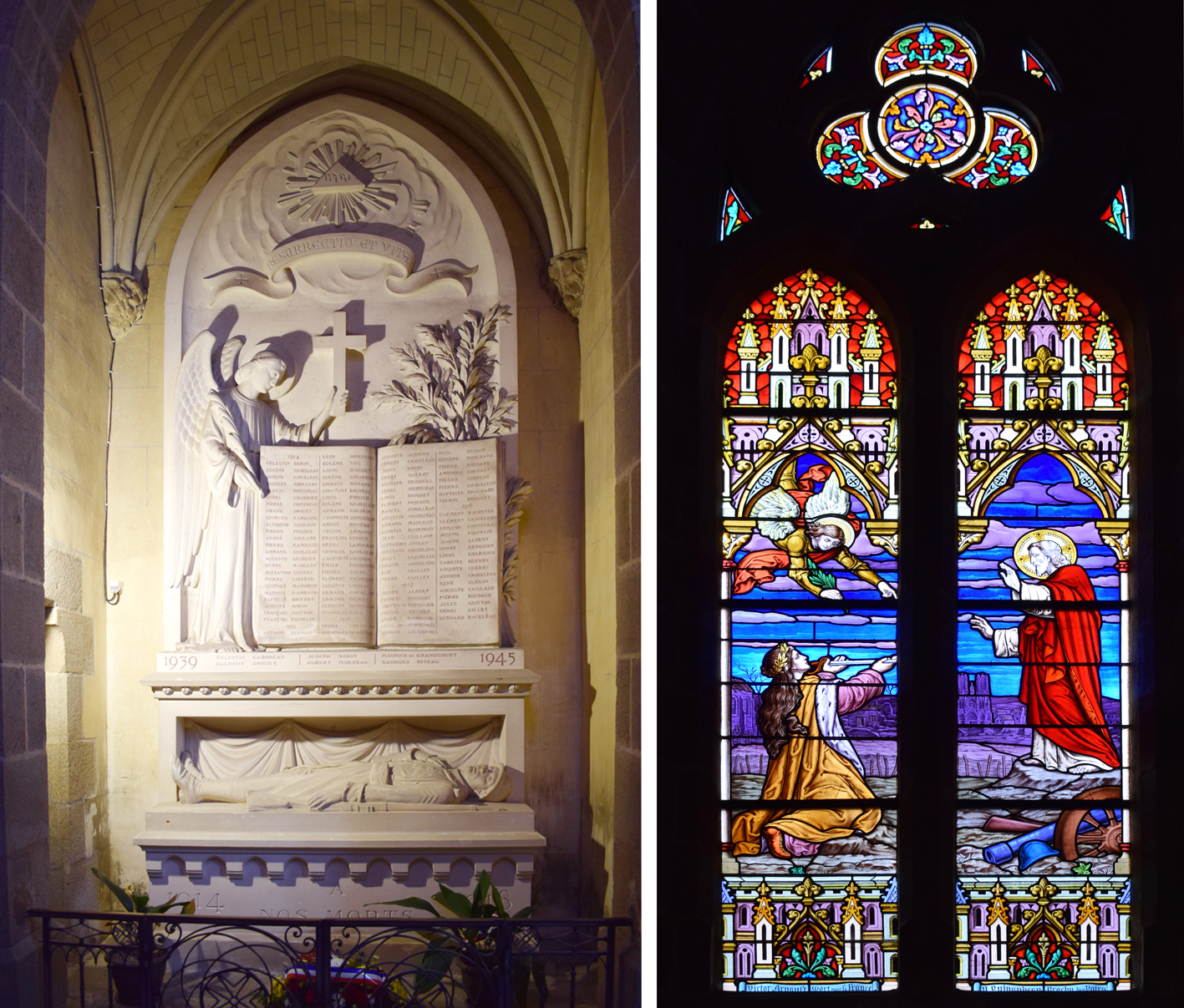Le monument aux morts de La Verrie et le vitrail du Sacré-Cœur avec l'image de Reims en ruines