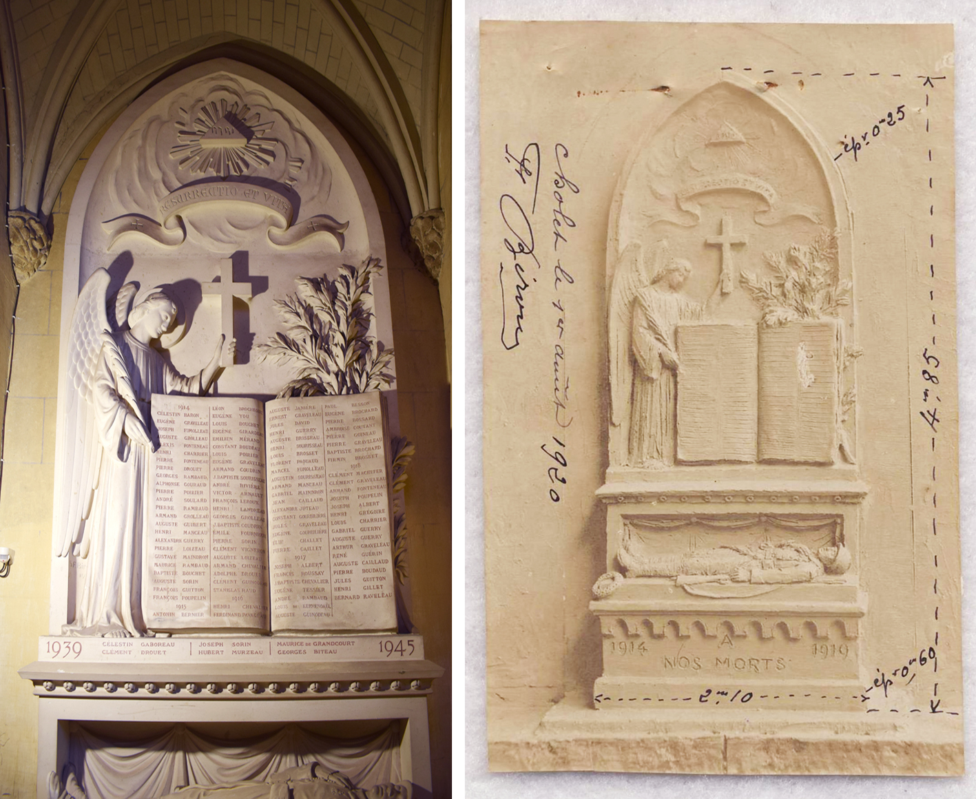 Le monument aux morts et sa maquette en terre cuite réalisée par Stanislas-Francis Biron, datée du 1er août 1920 (A.D. 85, 4 T 53-70)