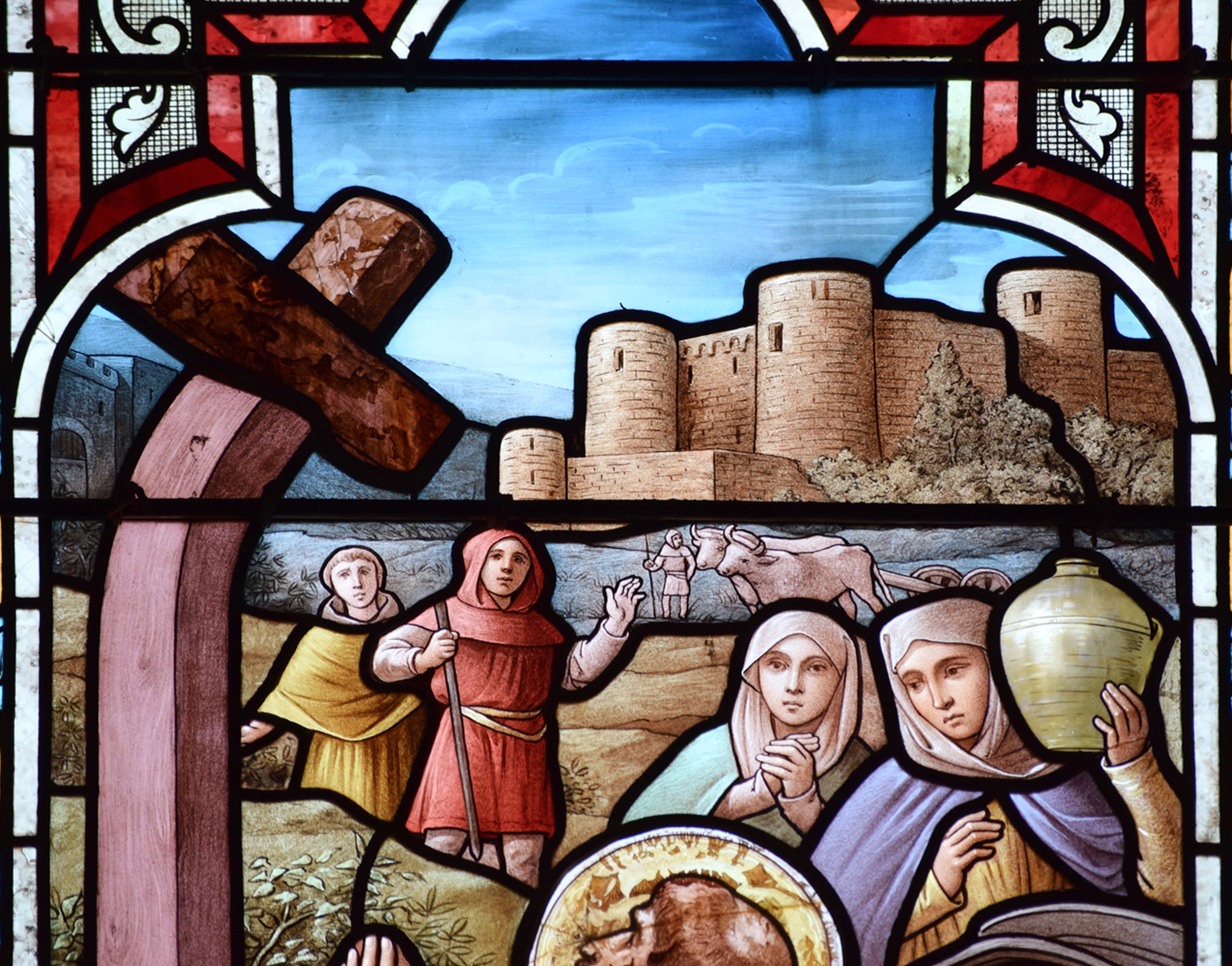 Détail du vitrail de la « Croix penchée » dans l'église Saint-Nicolas de Vihiers