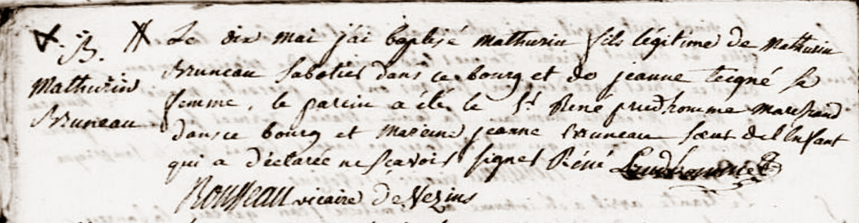Acte de baptême de Mathurin Bruneau, A.D. 49, état civil de Vezins, 1765-1792, vue 416/607
