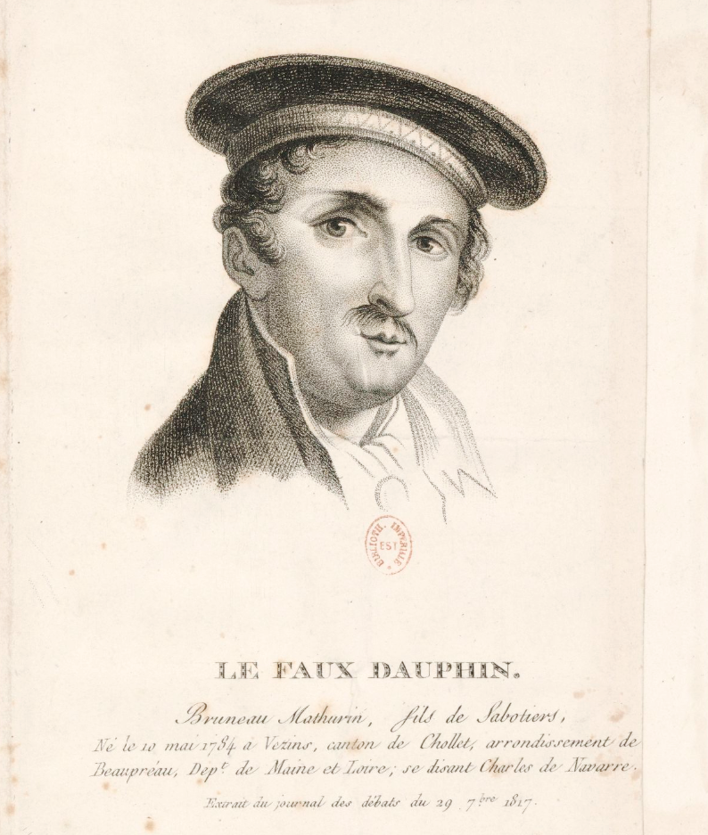 Portrait de Mathurin Bruneau , le faux Dauphin, gravure de Canu, 1818 (BnF)