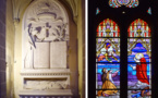 Le monument aux morts de La Verrie et le vitrail du Sacré-Cœur avec l'image de Reims en ruines