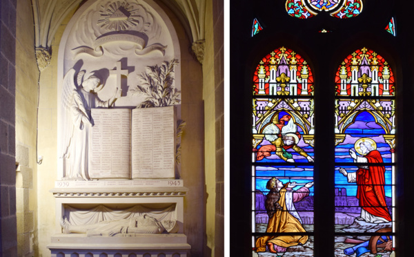 Le monument aux morts de La Verrie et le vitrail du Sacré-Cœur avec l'image de Reims en ruines